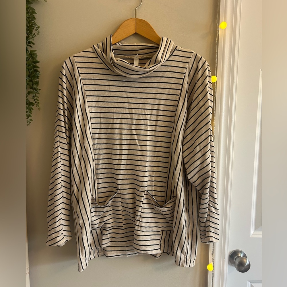 NY Collection Cream Long-Sleeve Striped Top with Black Stripes